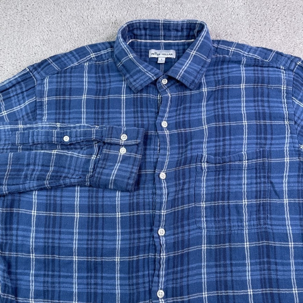 Peter Millar Shirt Mens Large Blue Mountainside Beach Park Double Cloth Sport